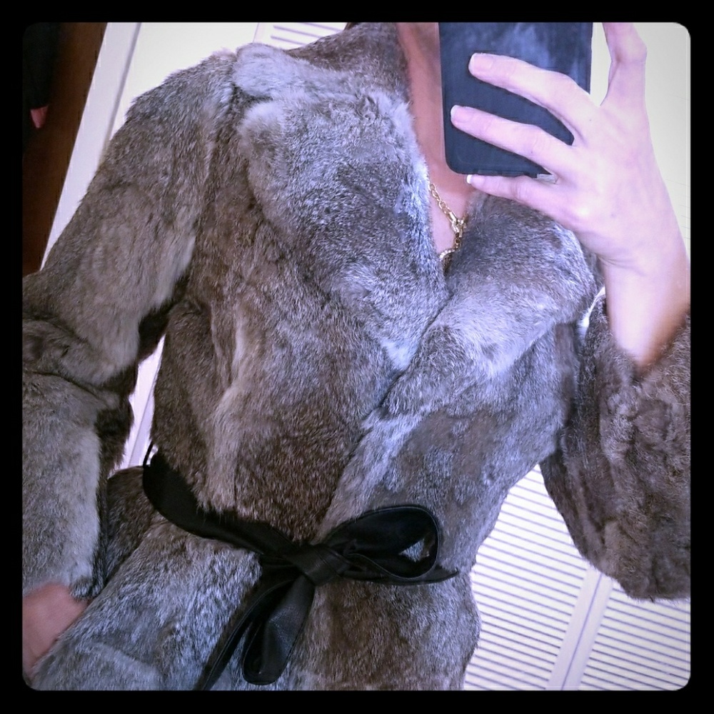 🌋FLASH SALE! Grey Genuine Rabbit Fur Coat Leath